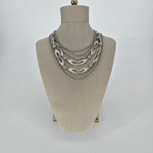 Pakula Silver Tone Multi Strand Necklace Layered Chain Statement Bib